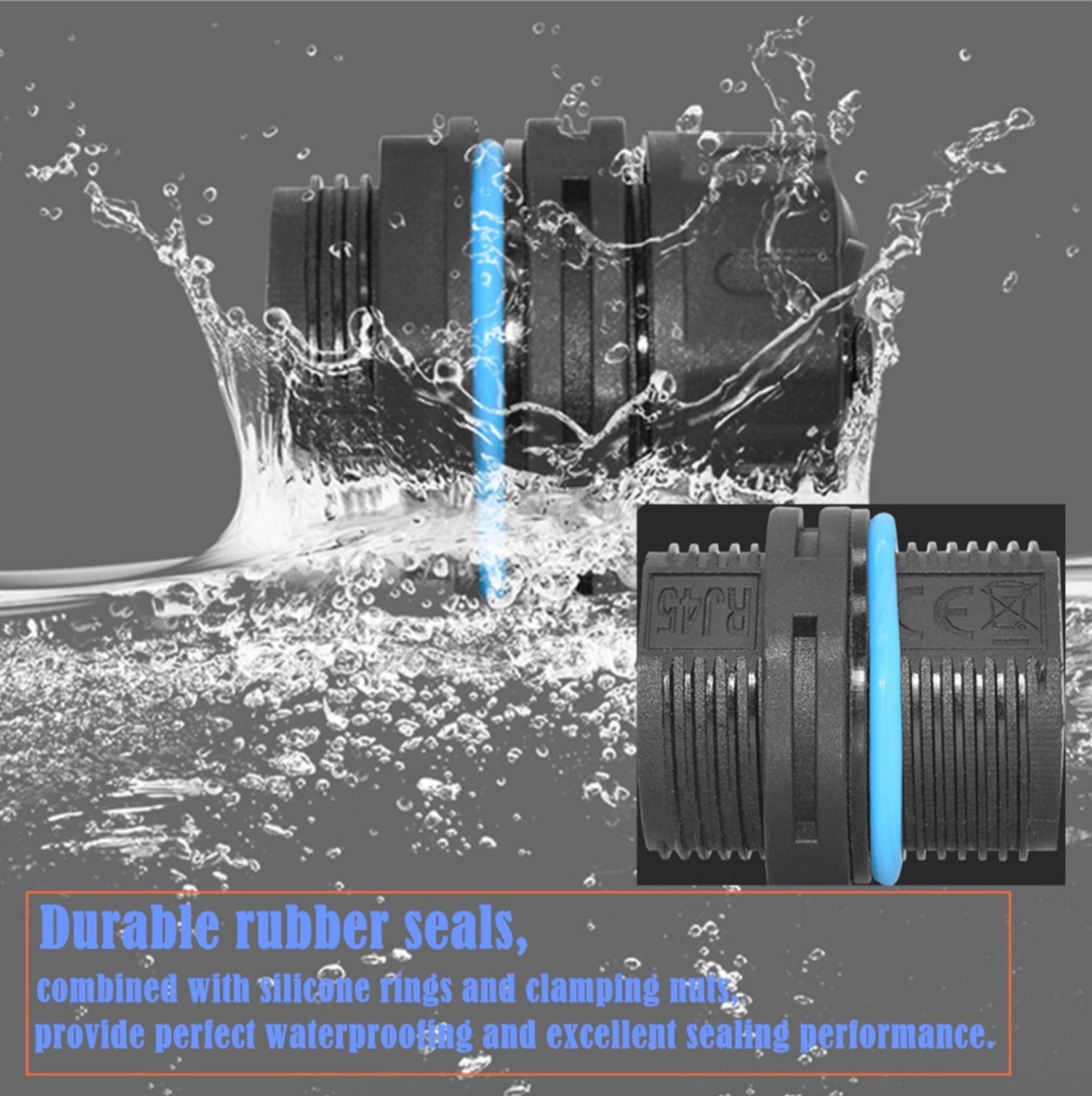 Waterproofing component with rubber seals and water splashes.