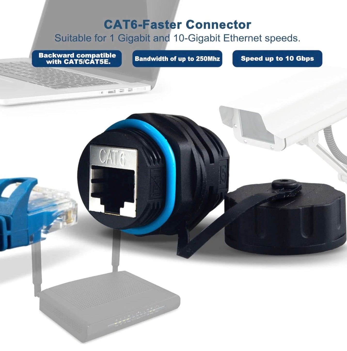 CAT6 faster connector with laptop and network equipment in the background