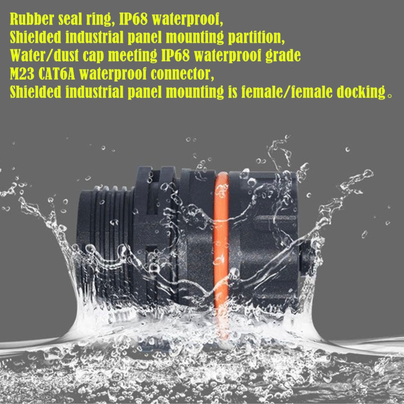 Waterproof connector with rubber seal ring and shielded industrial panel mounting on a gray background with water effects.