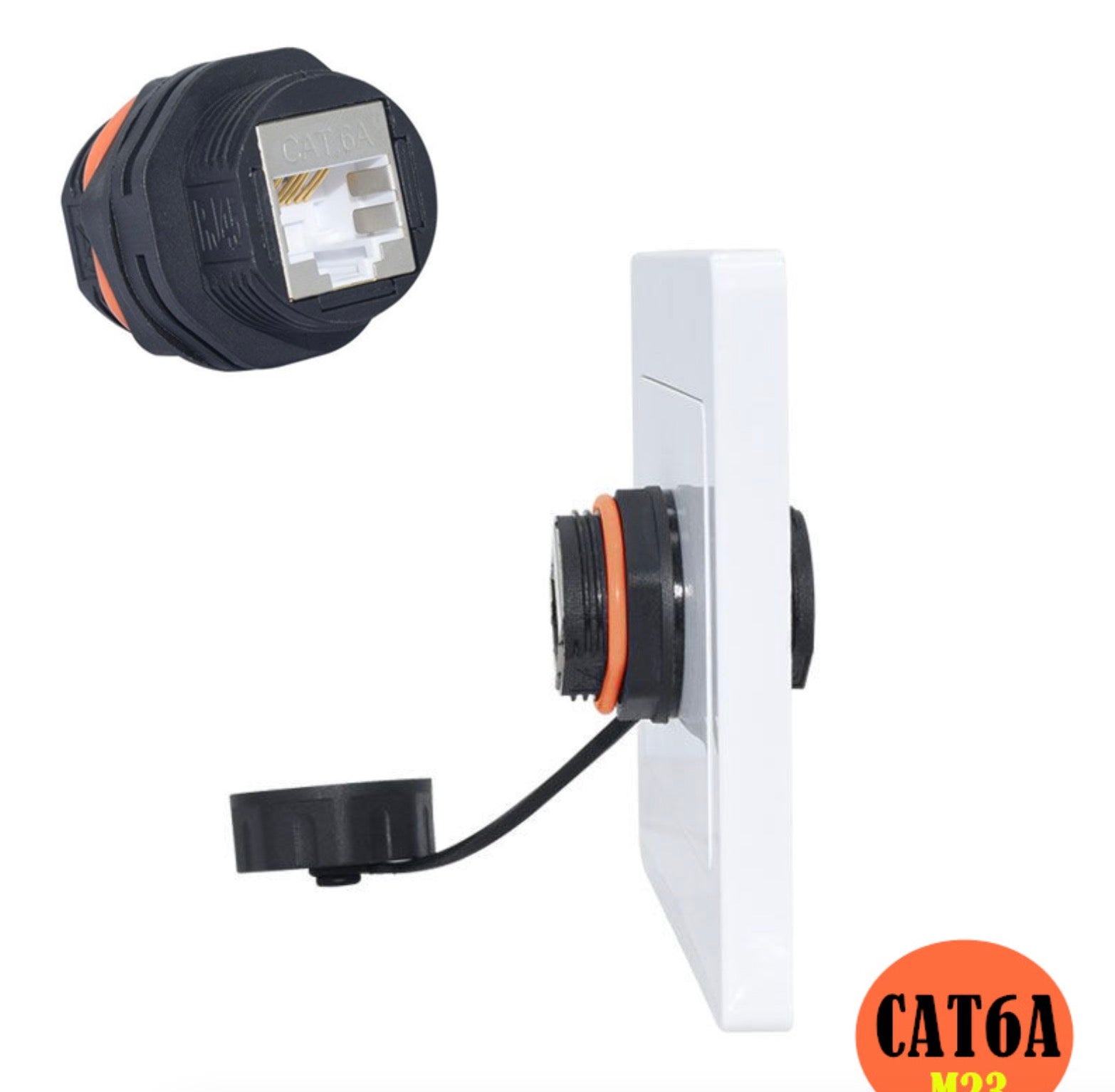 Ethernet cable termination with connector and wall plate on white background.