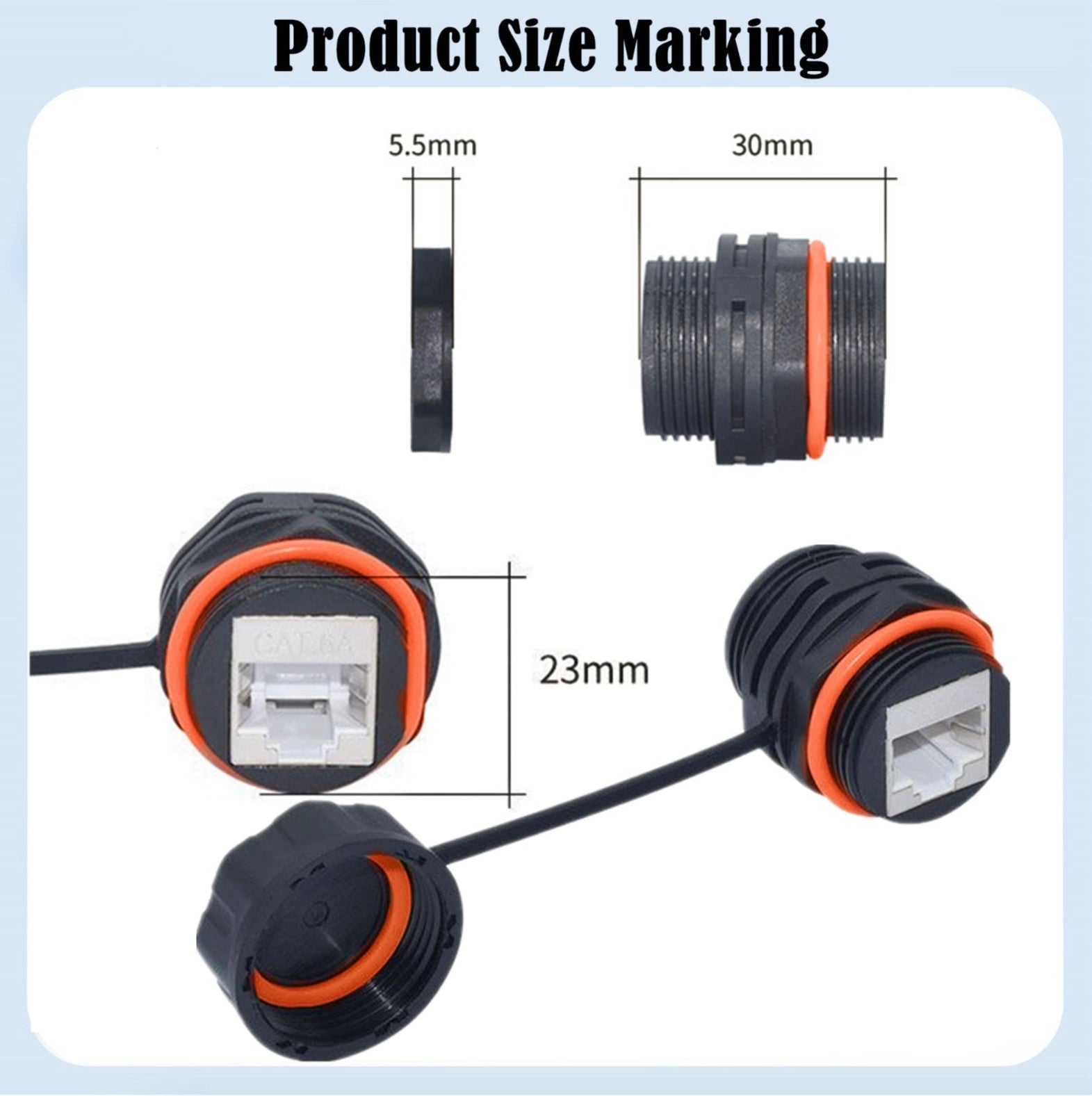 Technical drawing of black and orange connectors with measurements.