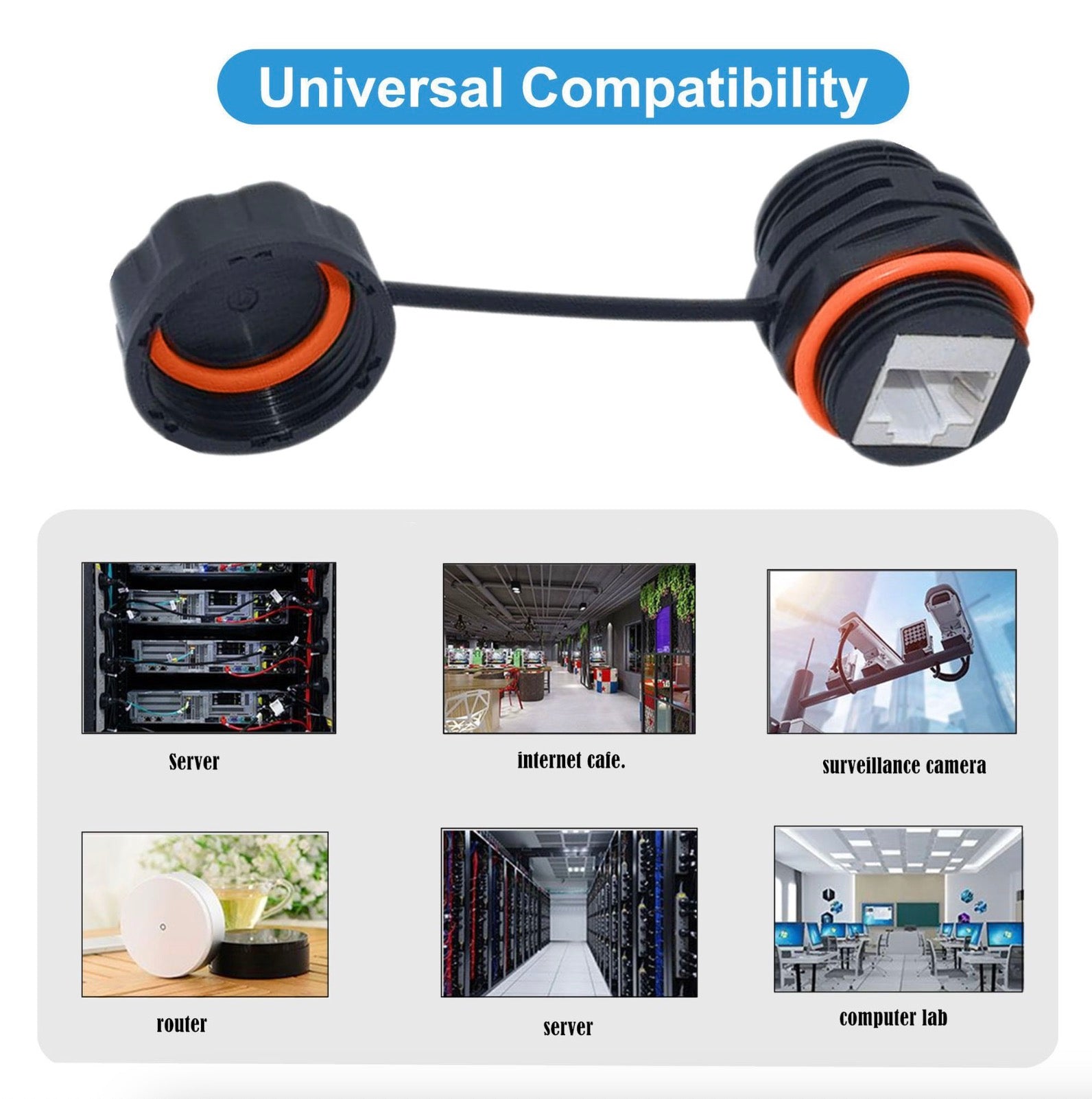 Black and orange cable connector with universal compatibility in various settings.