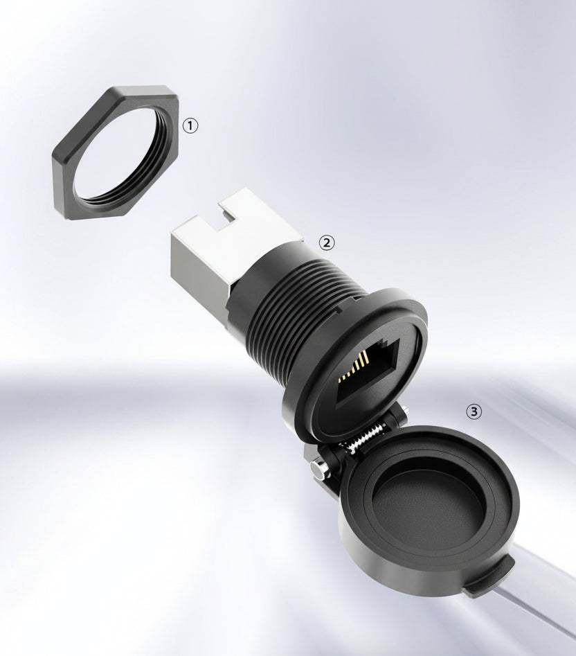 Technical component with hexagonal nut and cylindrical part on a light gray background