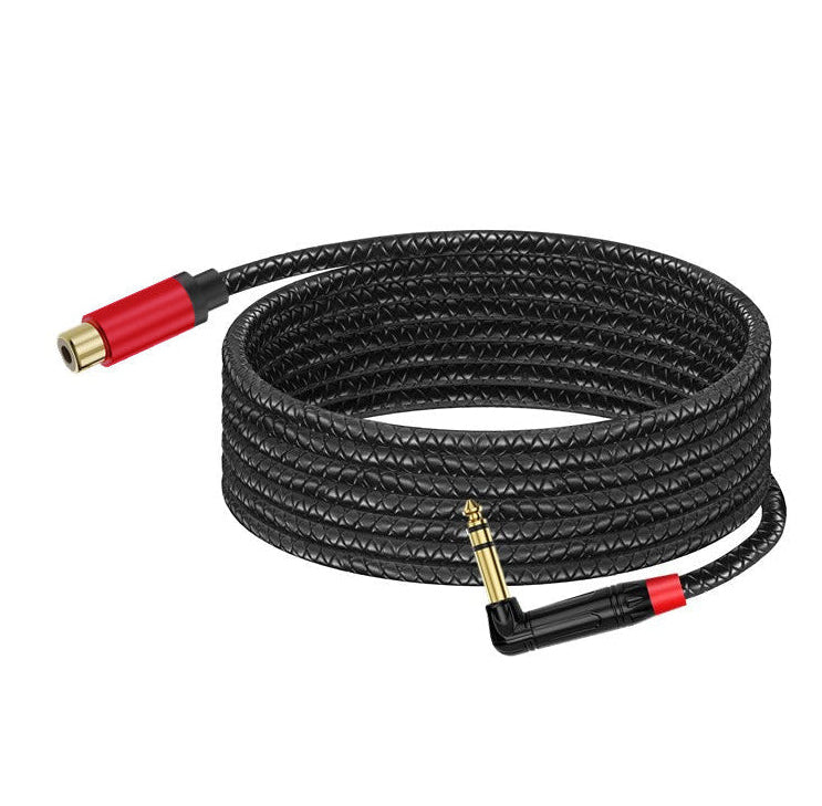 Coiled black braided cable with gold and red connectors on a white background