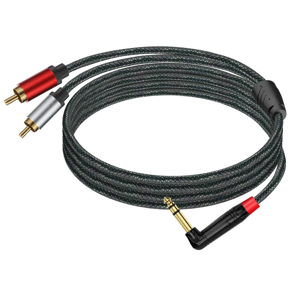 Braided audio cable with RCA and 1/4 inch connectors on a white background