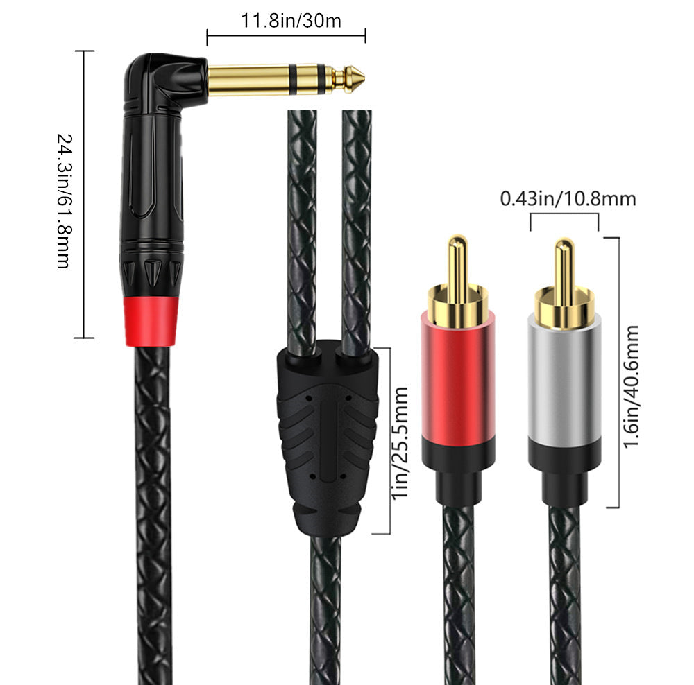 Audio cable with 90-degree connector and RCA plugs, showing dimensions on a white background.