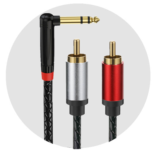 Audio cable with 6.35mm plug and RCA connectors on a white background