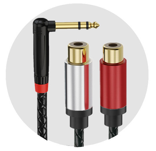 Audio cable with RCA and 1/4 inch connector on a white background