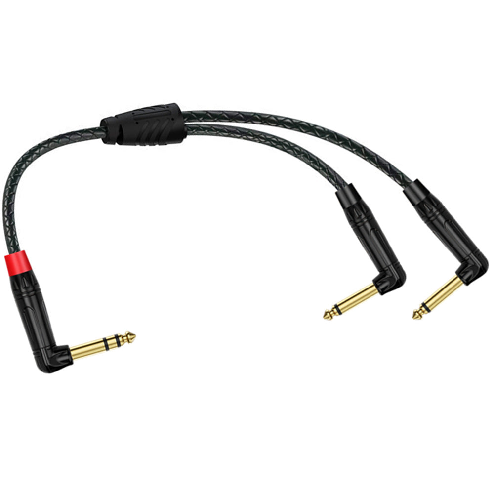 Black audio cable with gold connectors on a white background