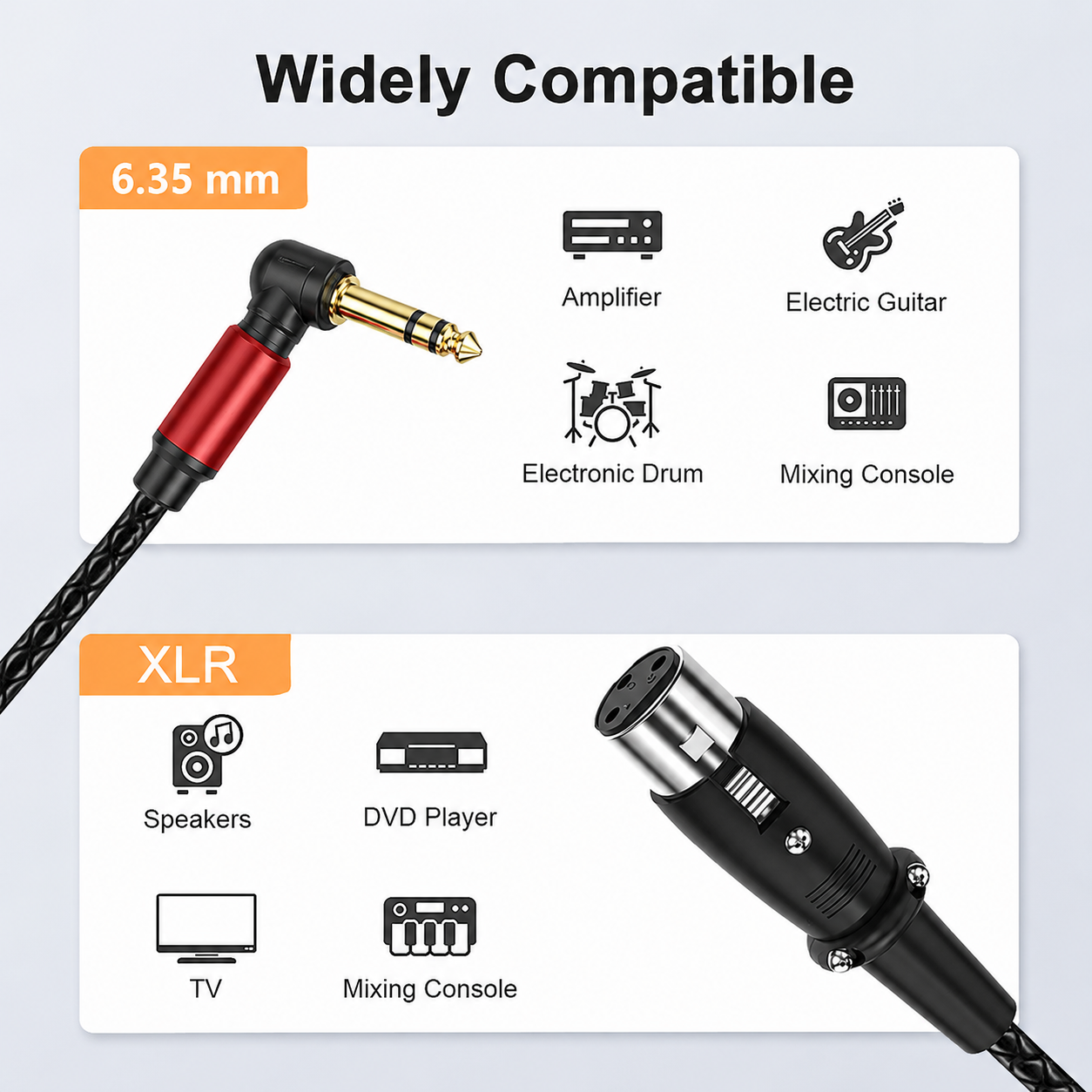 Compatibility graphic for a 6.35 mm XLR audio cable, showing the angled jack plug and XLR connector with icons listing compatible devices such as amplifiers, electric guitars, electronic drums, mixing consoles, speakers, a DVD player, and TVs.