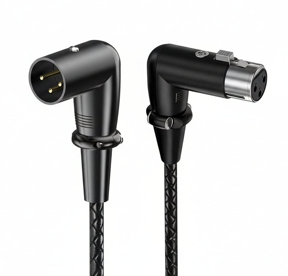 Right-angle XLR male to female microphone cable with 3-pin balanced connector and braided jacket
