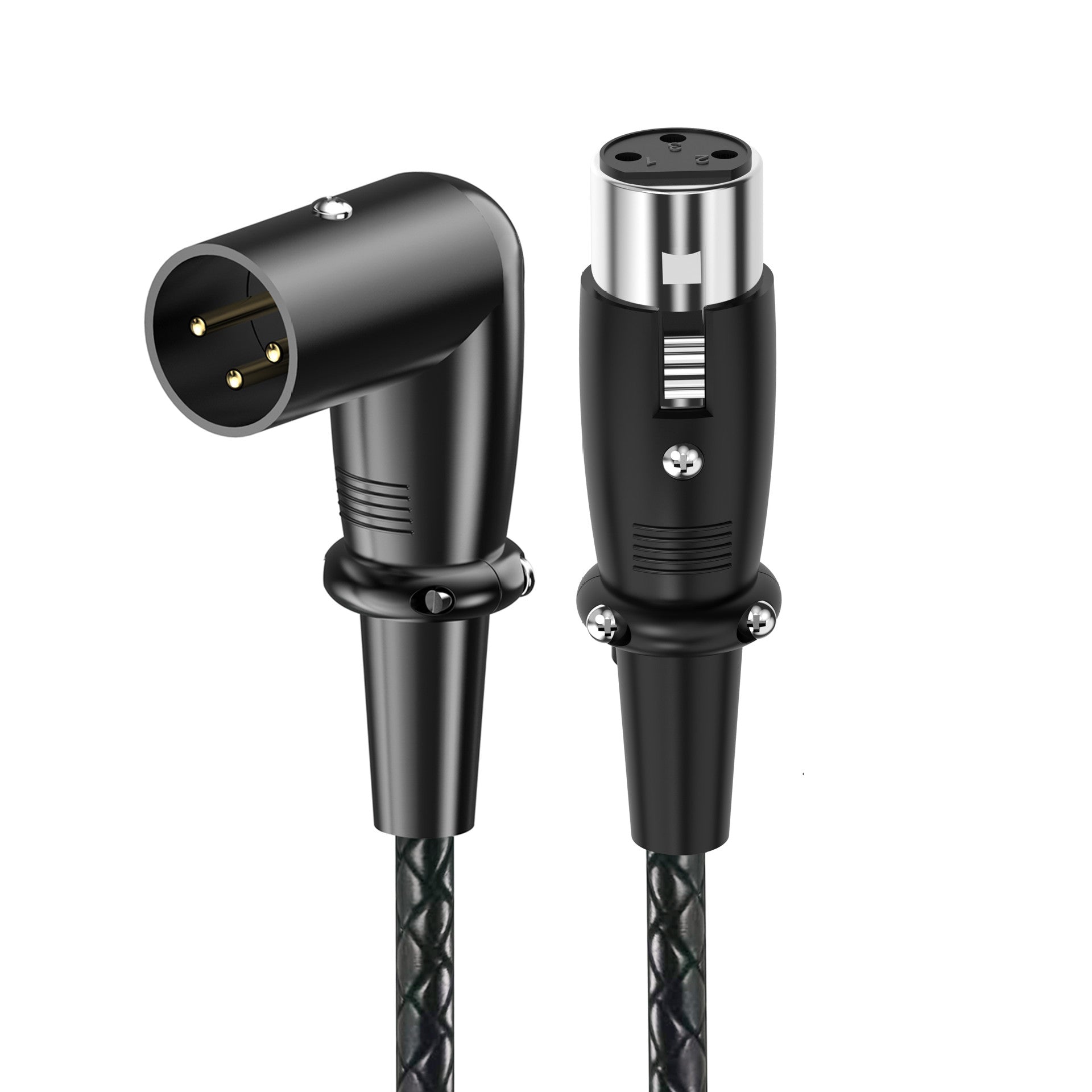 Right-angle XLR male to female microphone cable with 3-pin balanced connector and braided shielded jacket
