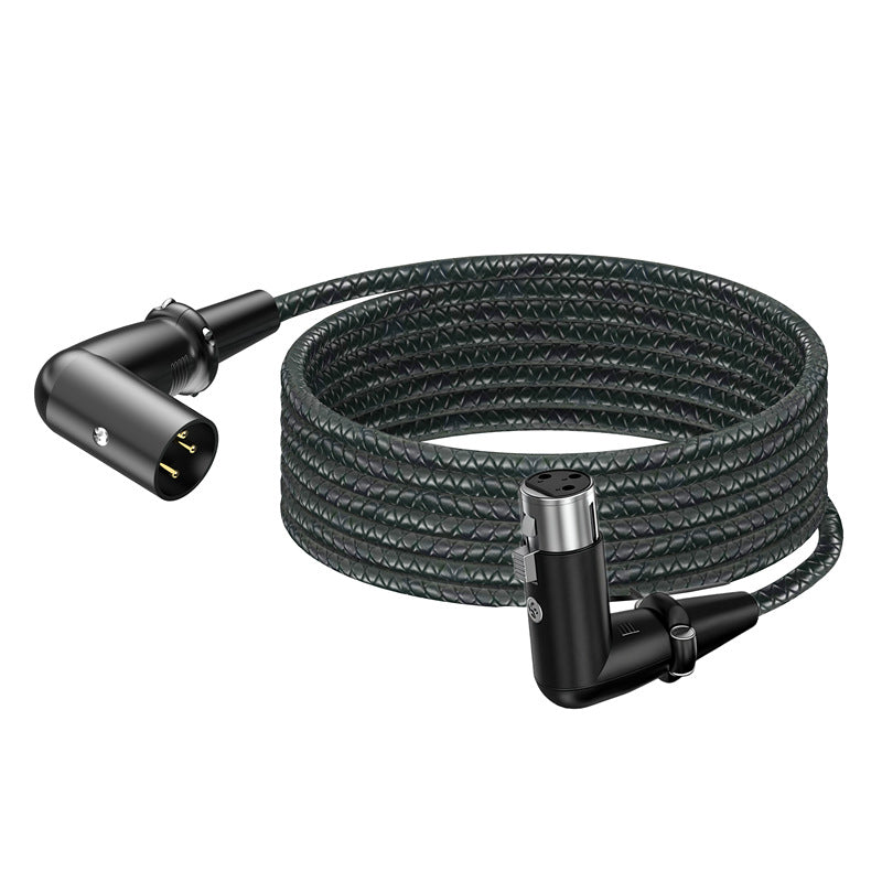Right-angle XLR male to female microphone cable with 3-pin balanced connector and braided jacket
