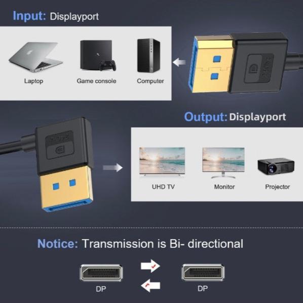 Right angled DisplayPort male to male cable