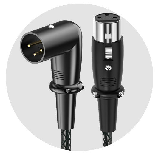 Right angle XLR male to female microphone cable with 3-pin balanced connector and braided shielded jacket
