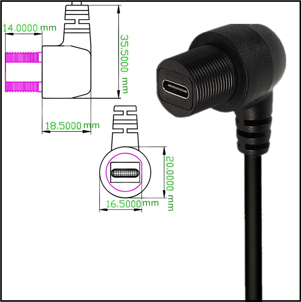 USB 3.0 A Female to USB C Angled Female Flush Panel Mount Waterproof Cable