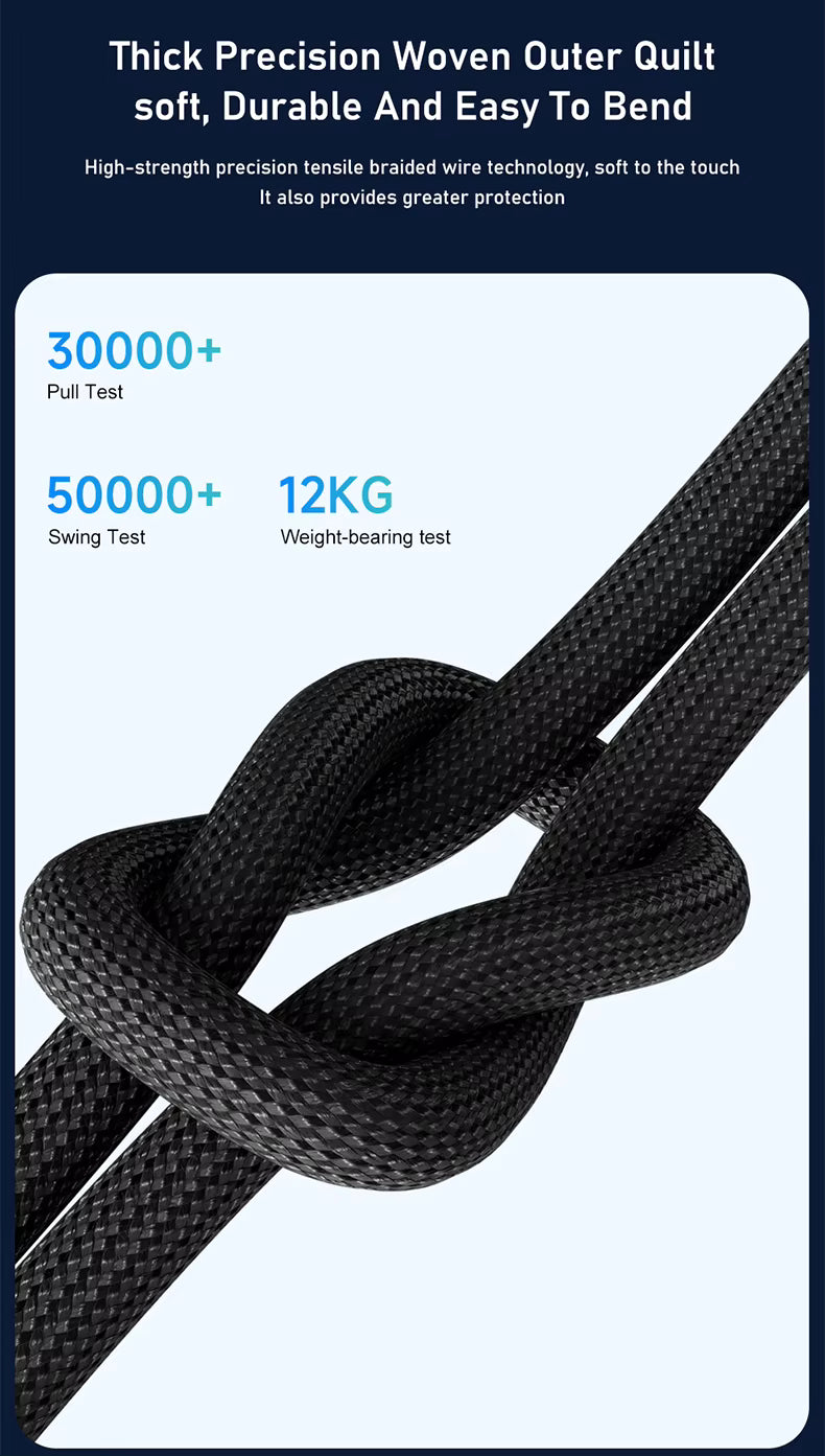 Black rope with knot on a white background, featuring text about rope strength and durability.