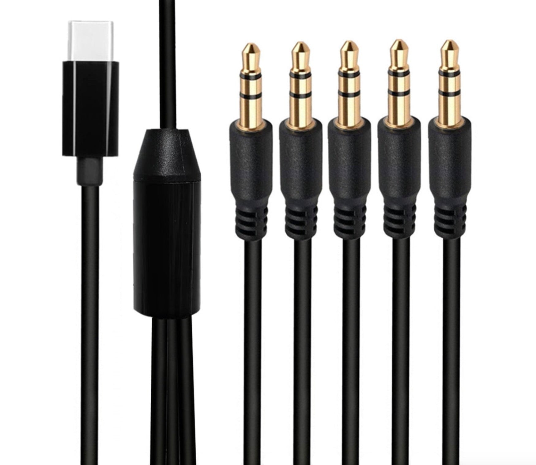 USB-C male to 5 x 3.5mm TRS 3-pole male audio splitter cable with inline splitter module for multi-output stereo distribution
