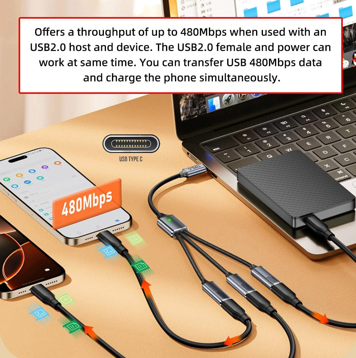 USB C to USB C 3 Ports Hub | 1 to 3 Type C Data Splitter for Laptop, Desktop, Phone, Mouse & Keyboard