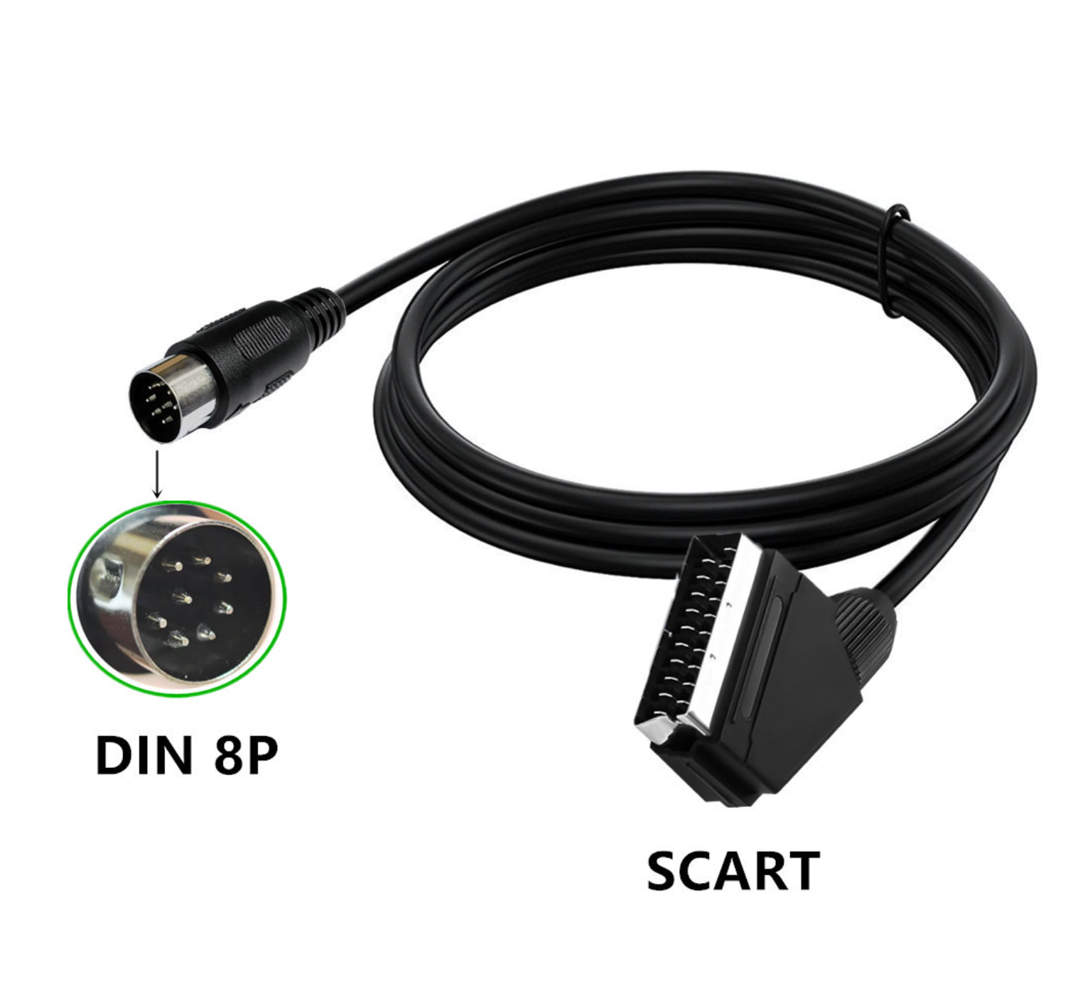 Black cable with DIN 8P and SCART connectors on a white background