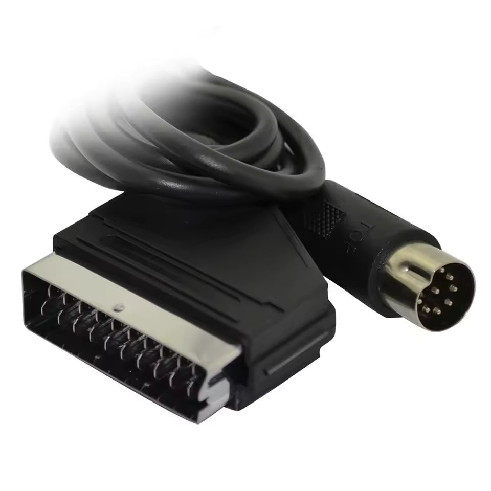 Cable with Scart and 7-pin DIN connectors on a white background