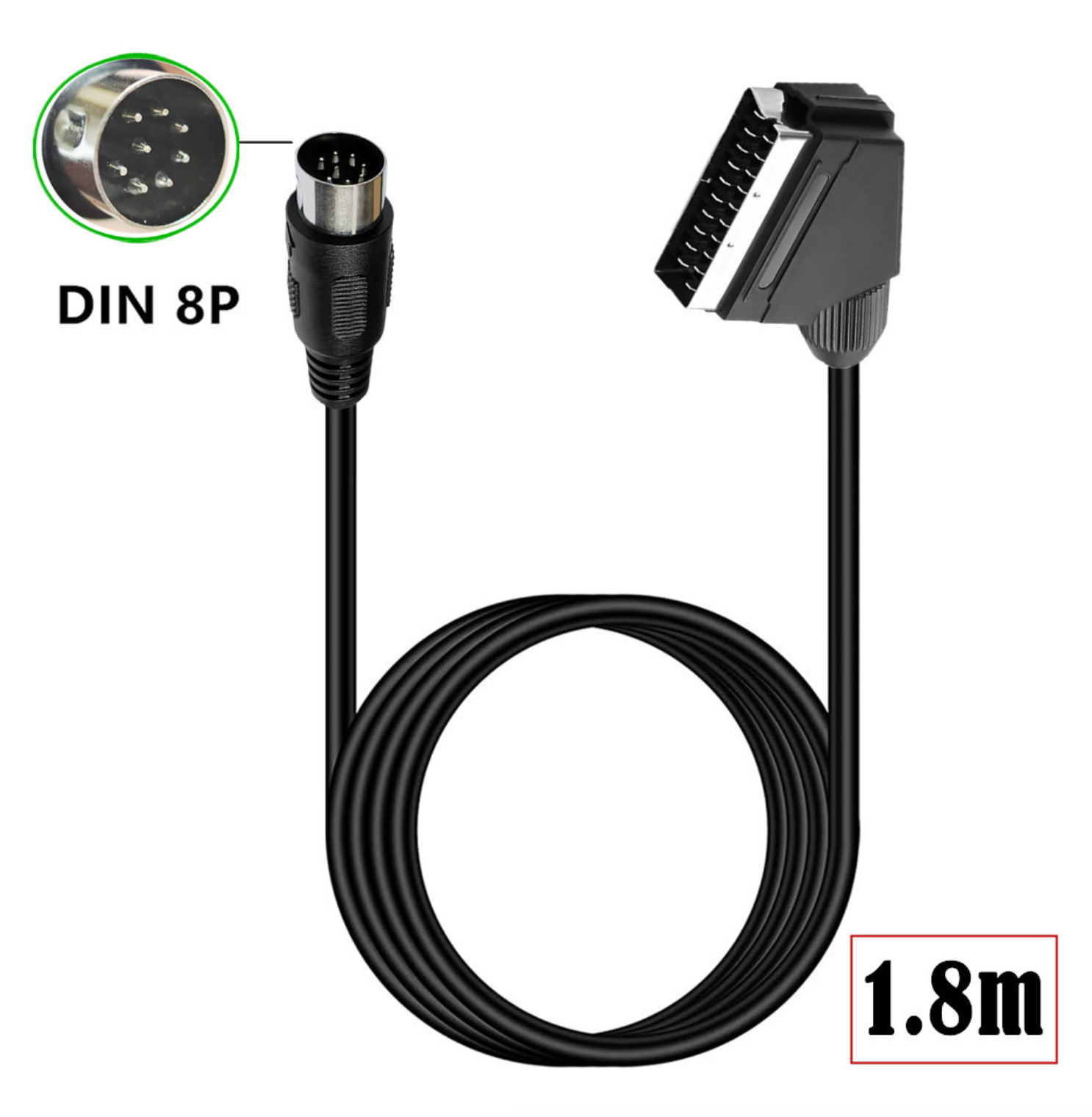 Black cable with DIN 8P connector and 1.8m length label on a white background