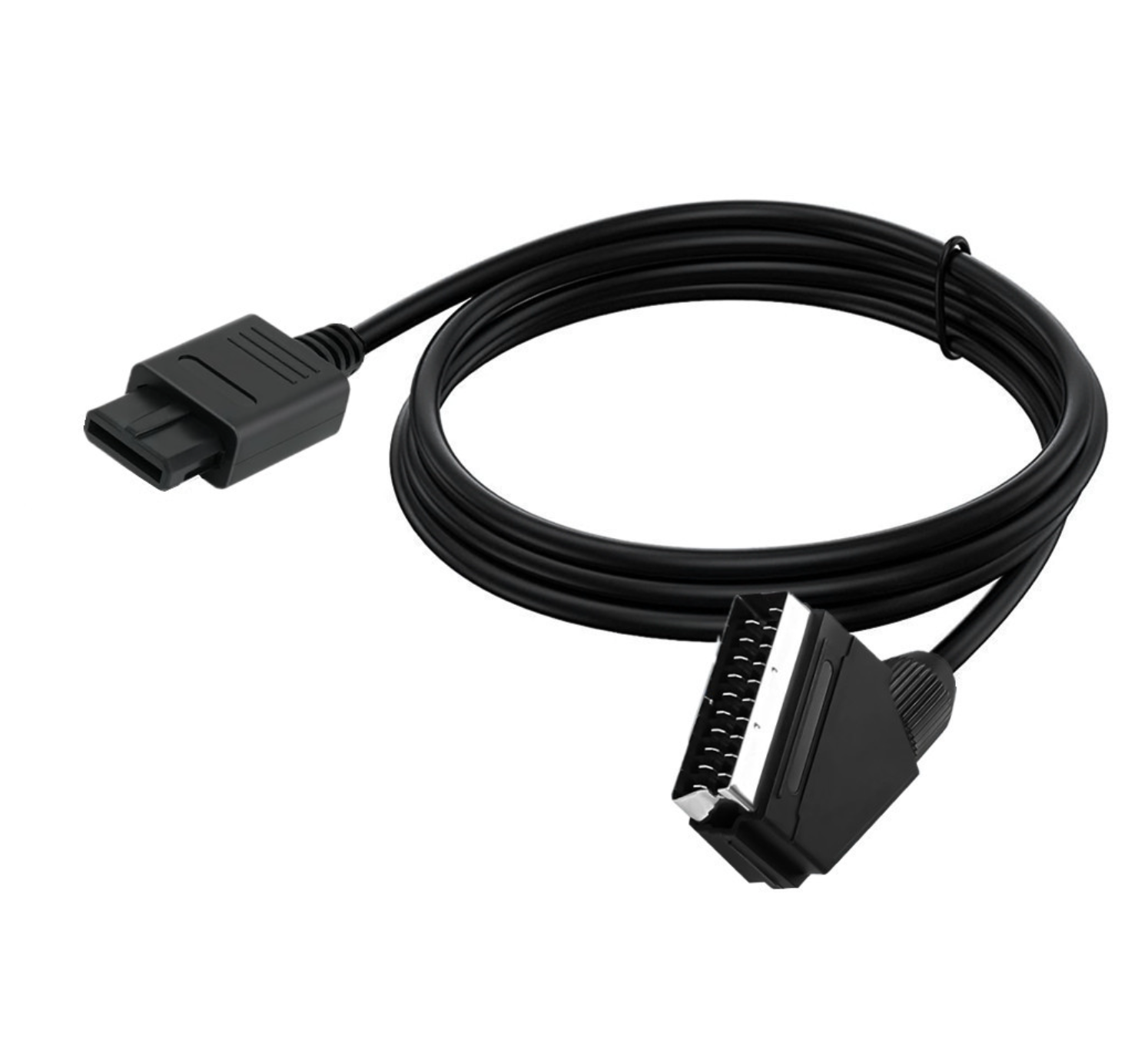 Black cable with connectors on a white background
