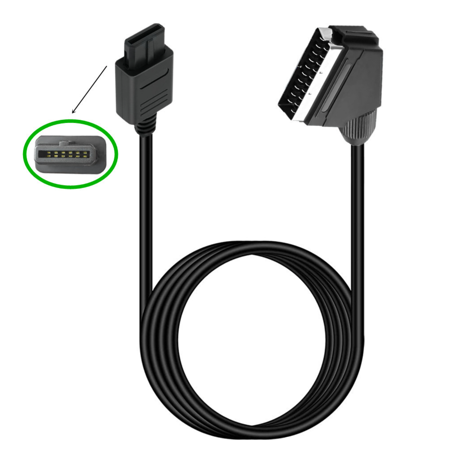 Black cable with angled connector and close-up of connector on white background