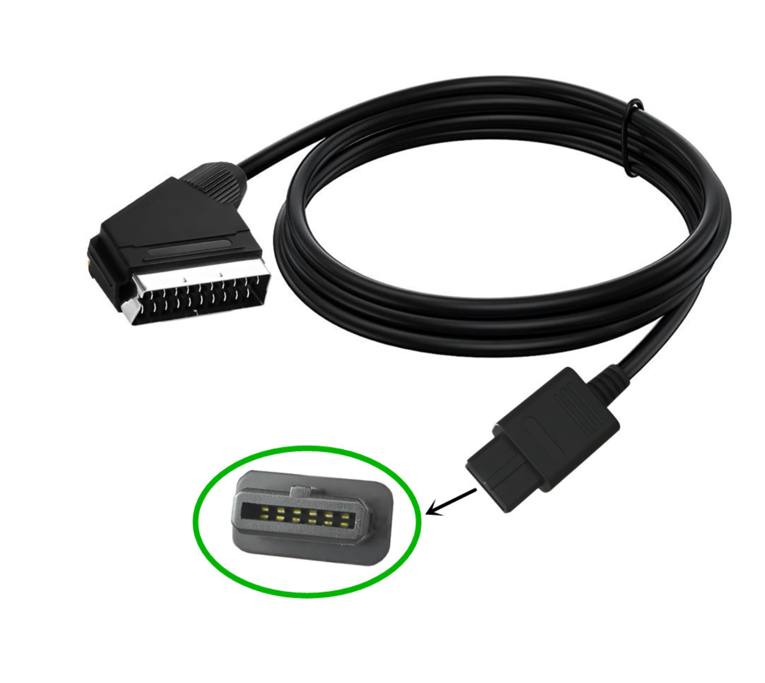 Black cable with connectors on a white background