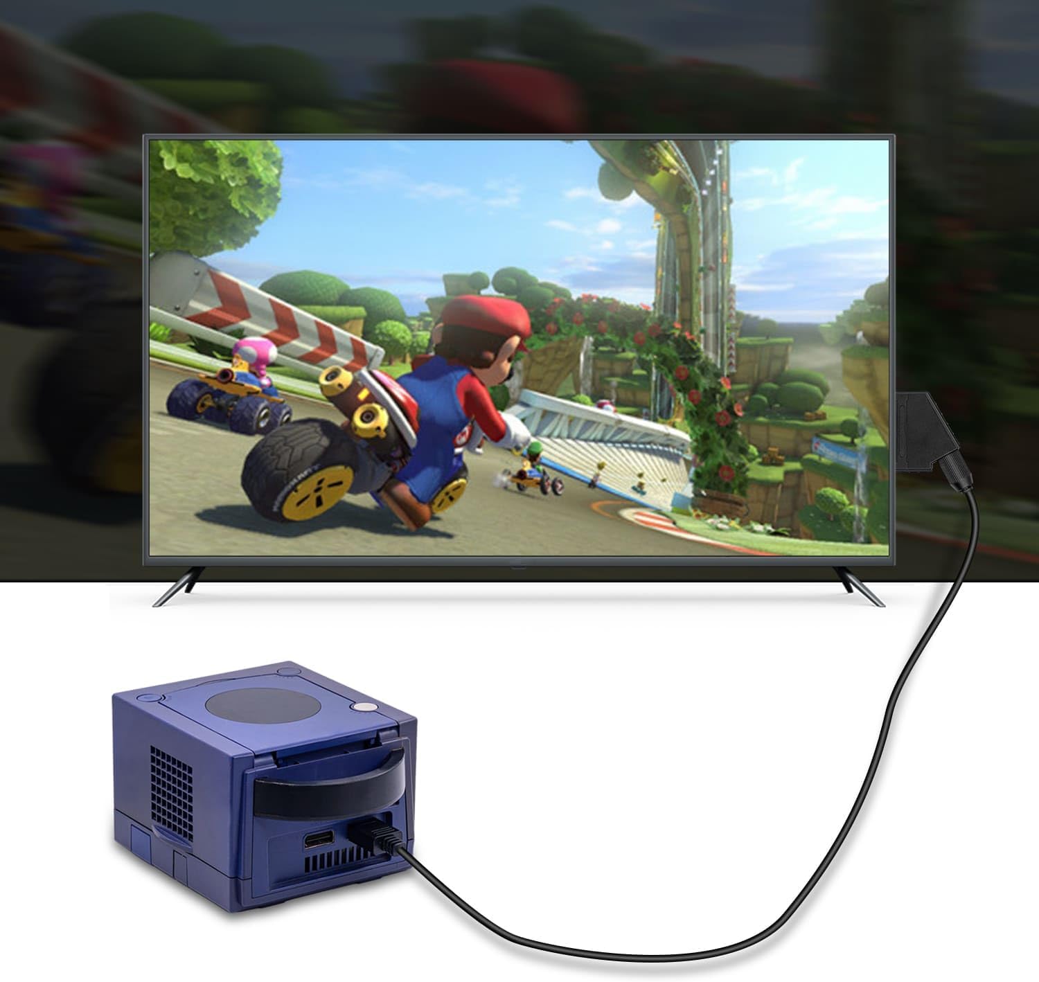 Blue gaming console connected to a TV displaying a video game.