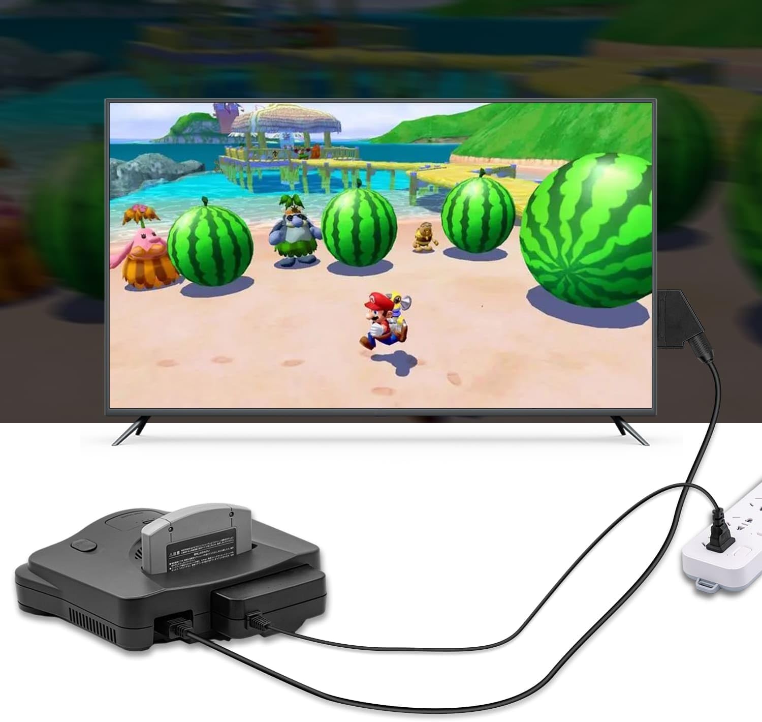 TV displaying a video game with watermelons and a controller connected below.