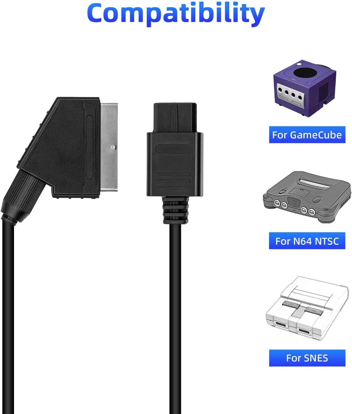 Black cable with connectors for GameCube, N64 NTSC, and SNES compatibility on a white background.