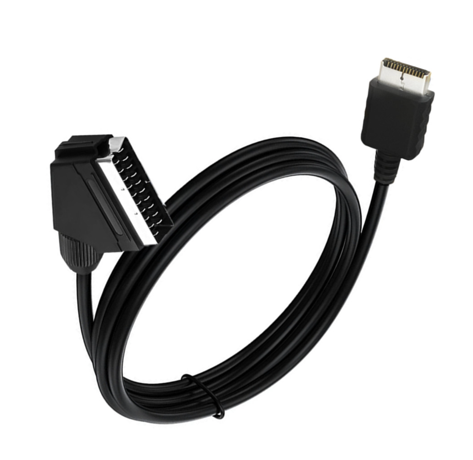 Black cable with SCART and HDMI connectors on a white background
