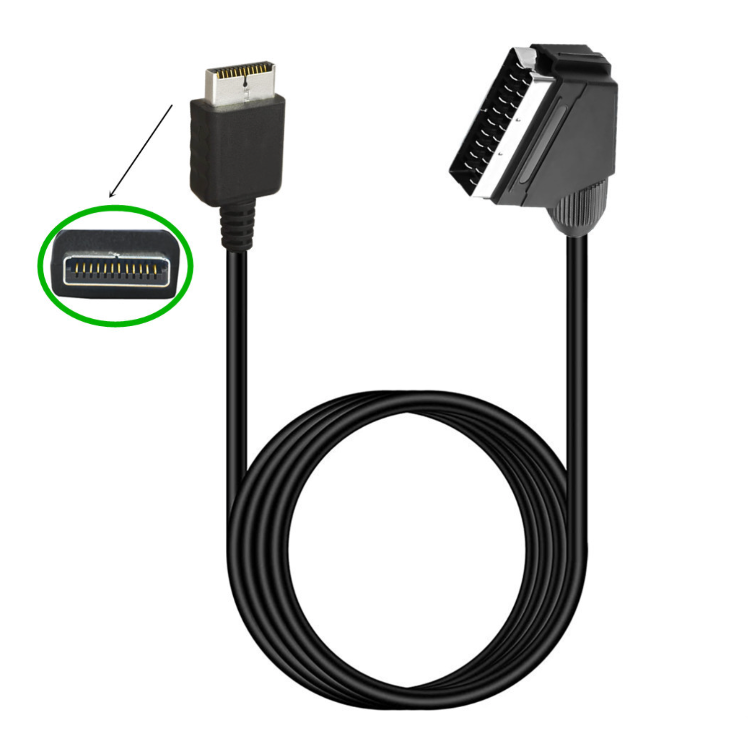 Black cable with HDMI connector and SCART adapter on a white background