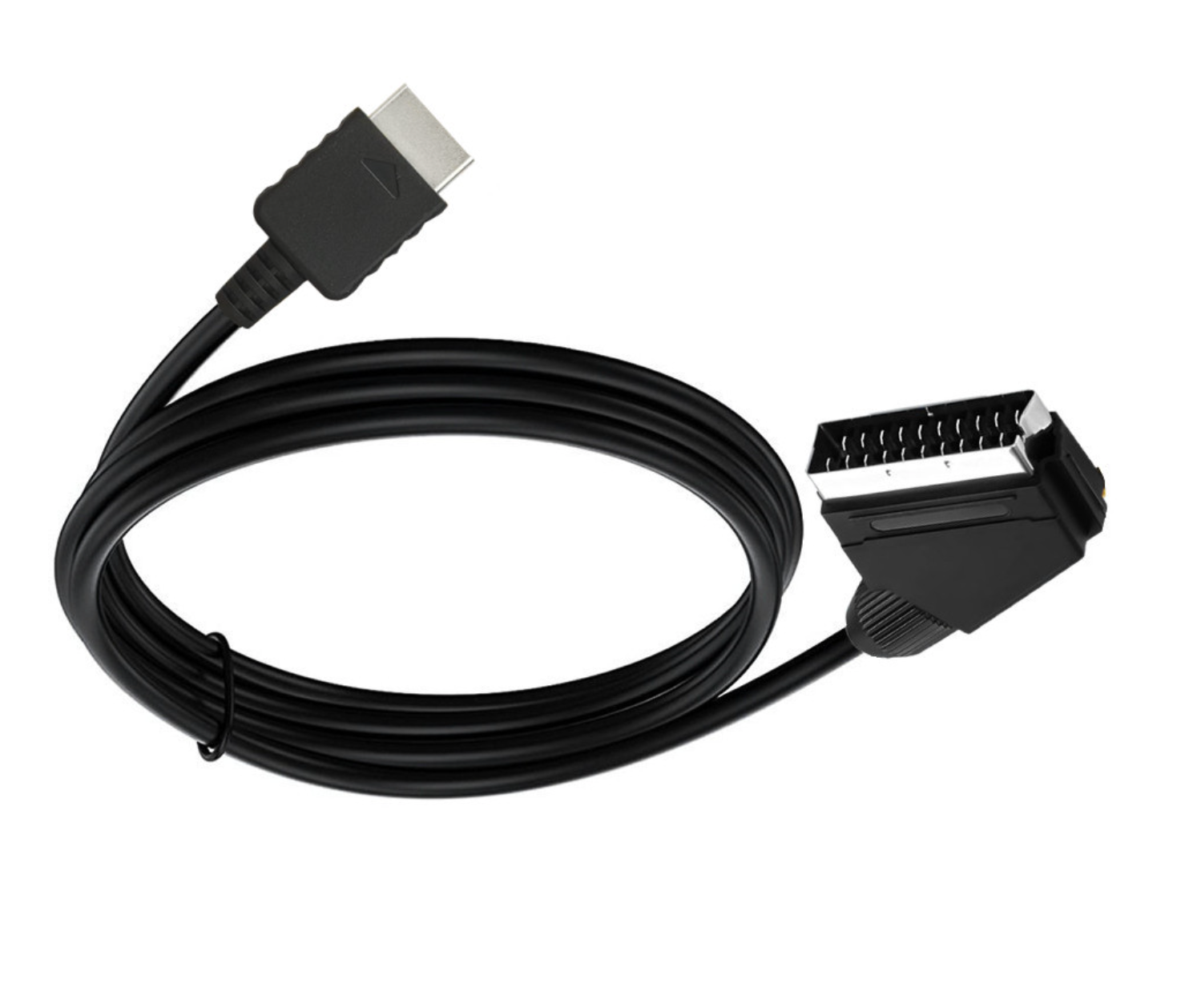 Black cable with a connector on a white background
