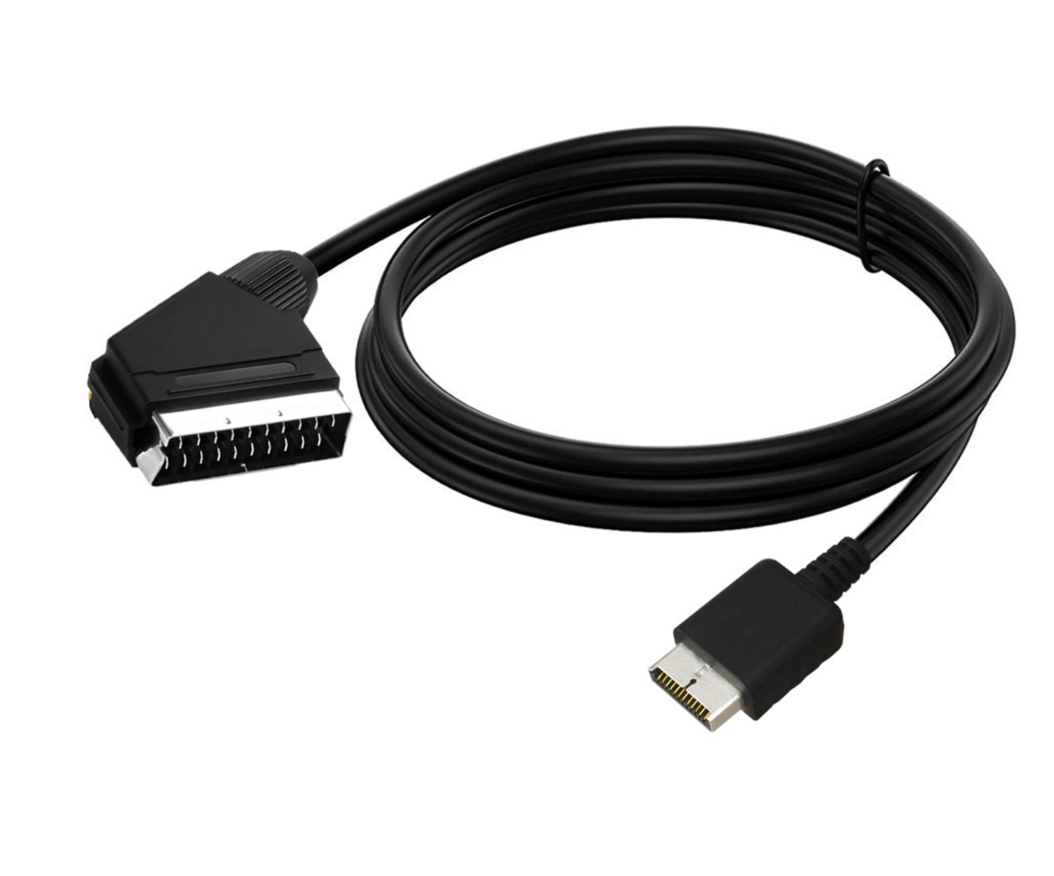 Black cable with one end resembling a vintage computer connector and the other end resembling a modern USB connector on a white background.