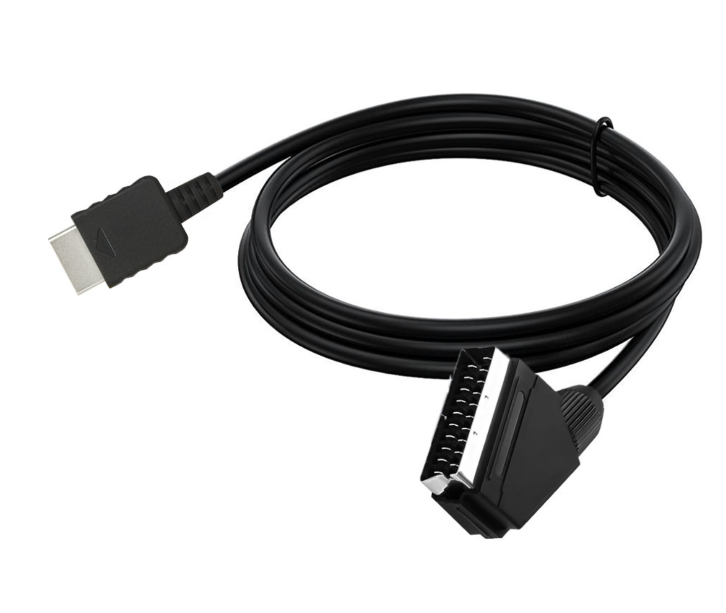 Black cable with USB connector and SCART adapter on a white background