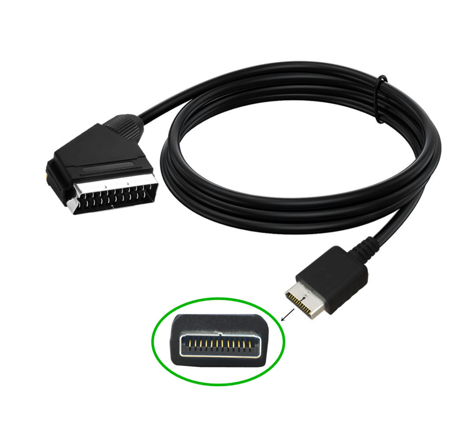 Black cable with connectors on a white background