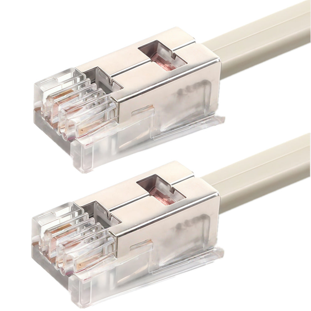 Two beige Ethernet cables with clear connectors on a white background