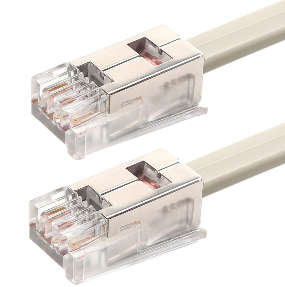 Two beige Ethernet cables with clear connectors on a white background