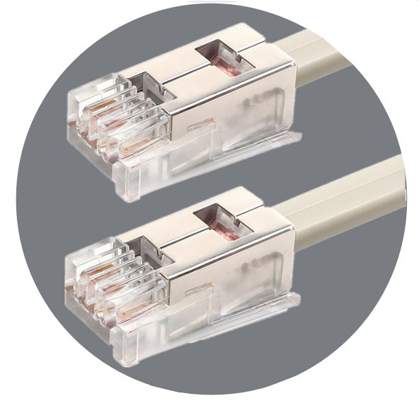 Two Ethernet cable connectors on a gray background