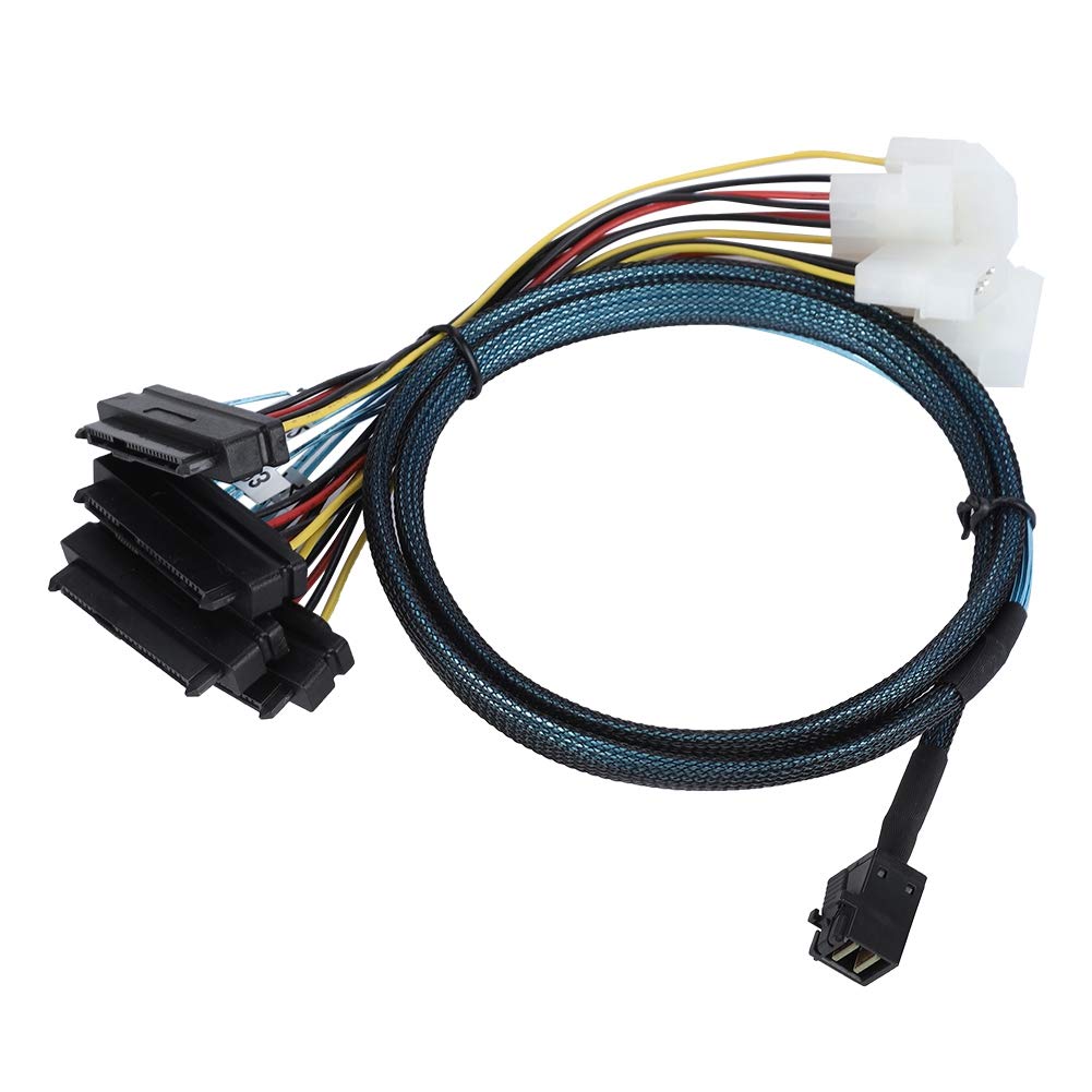 A black Mini SAS HD to 4x29pin SFF-8482 Power Port cable with connectors on both ends.