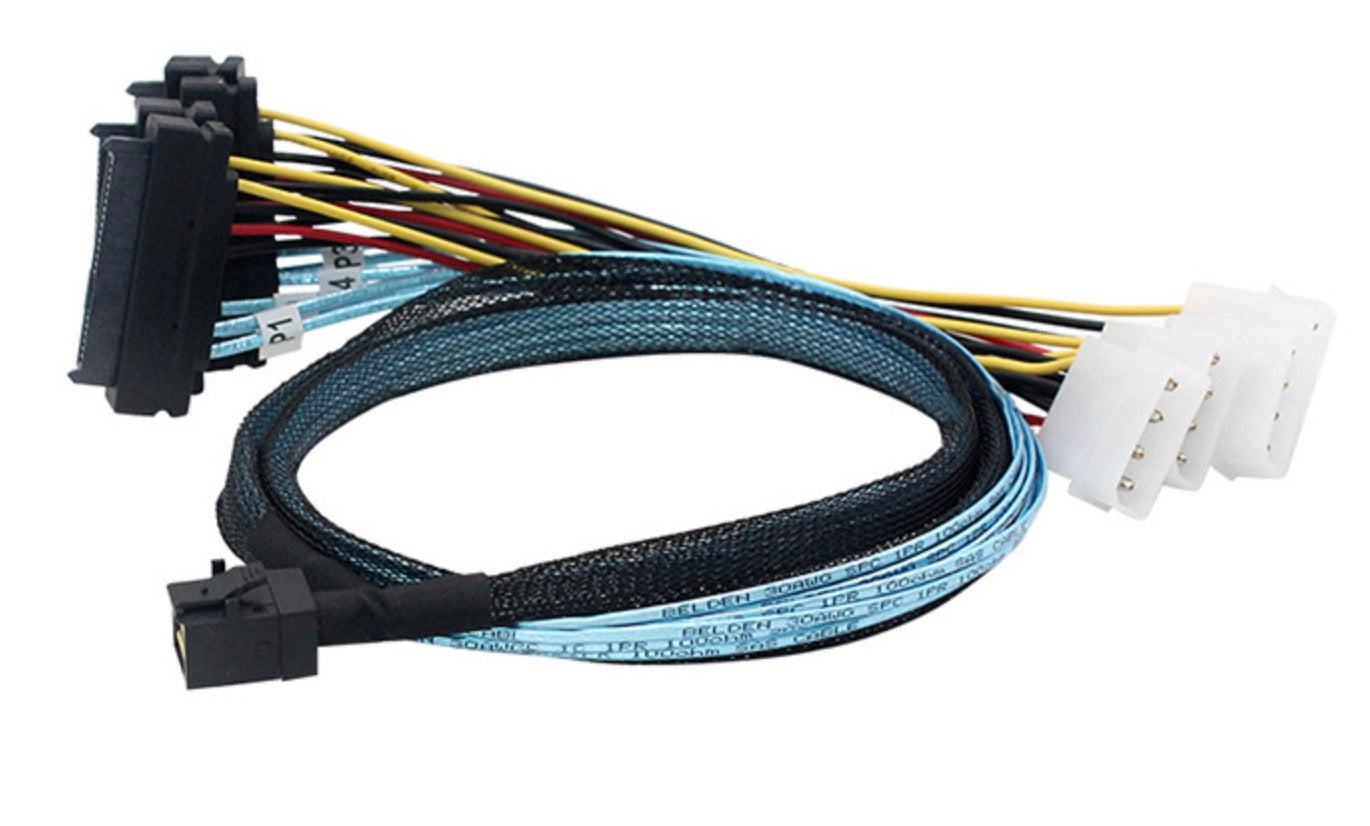 SFF-8643 fan-out cable with integrated power leads for SAS drives