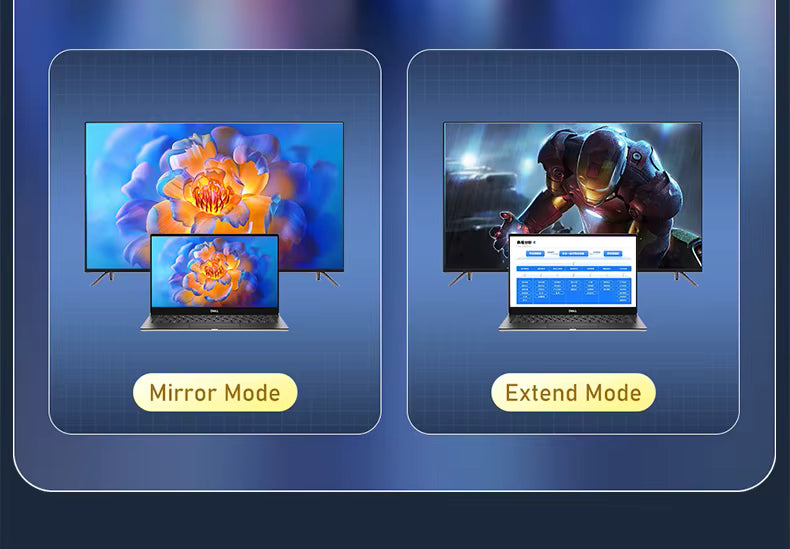 Two screens showing 'Mirror Mode' and 'Extend Mode' on a blue background