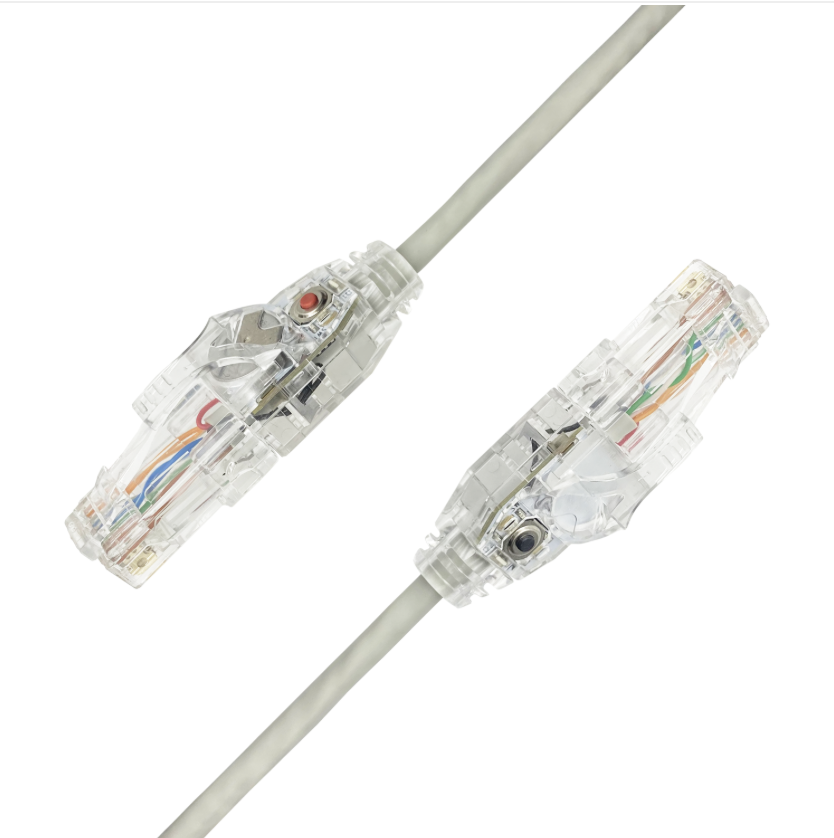 Self-tracing LED Cat6A slim 28AWG RJ45 patch cable with illuminated plugs