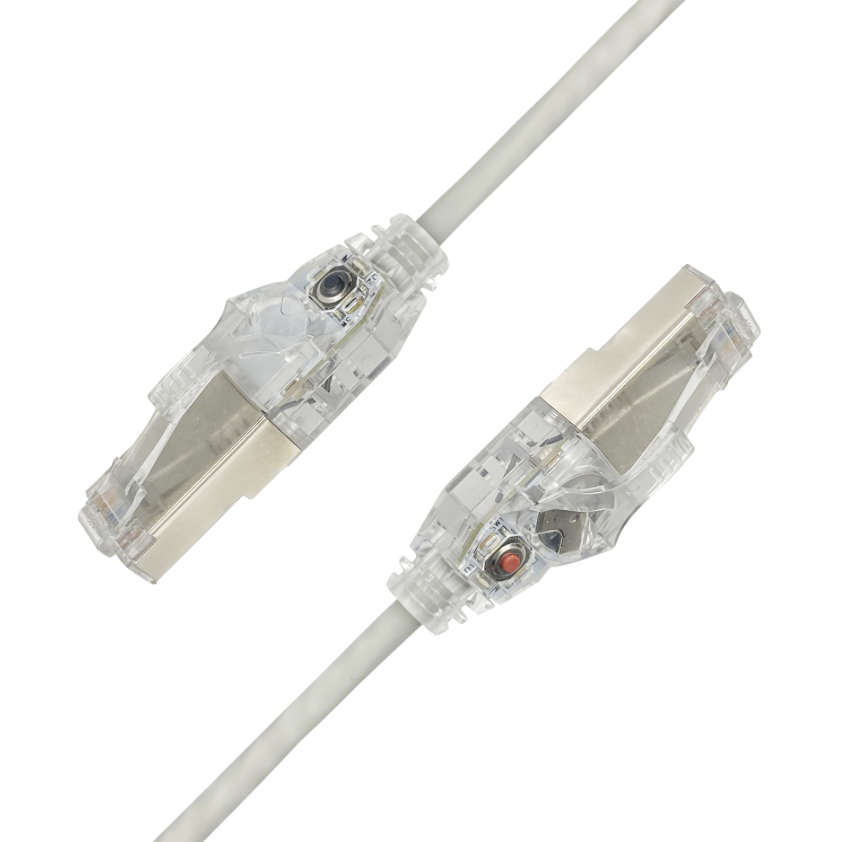 Self-tracing LED Cat6A slim 28AWG RJ45 patch cable with illuminated plugs
