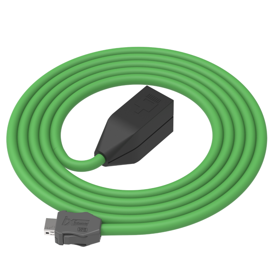 Green cable with black connector and gray USB end on a white background