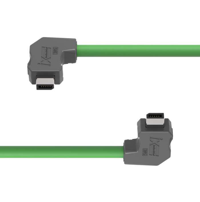 Green cable with right-angle connectors on a white background