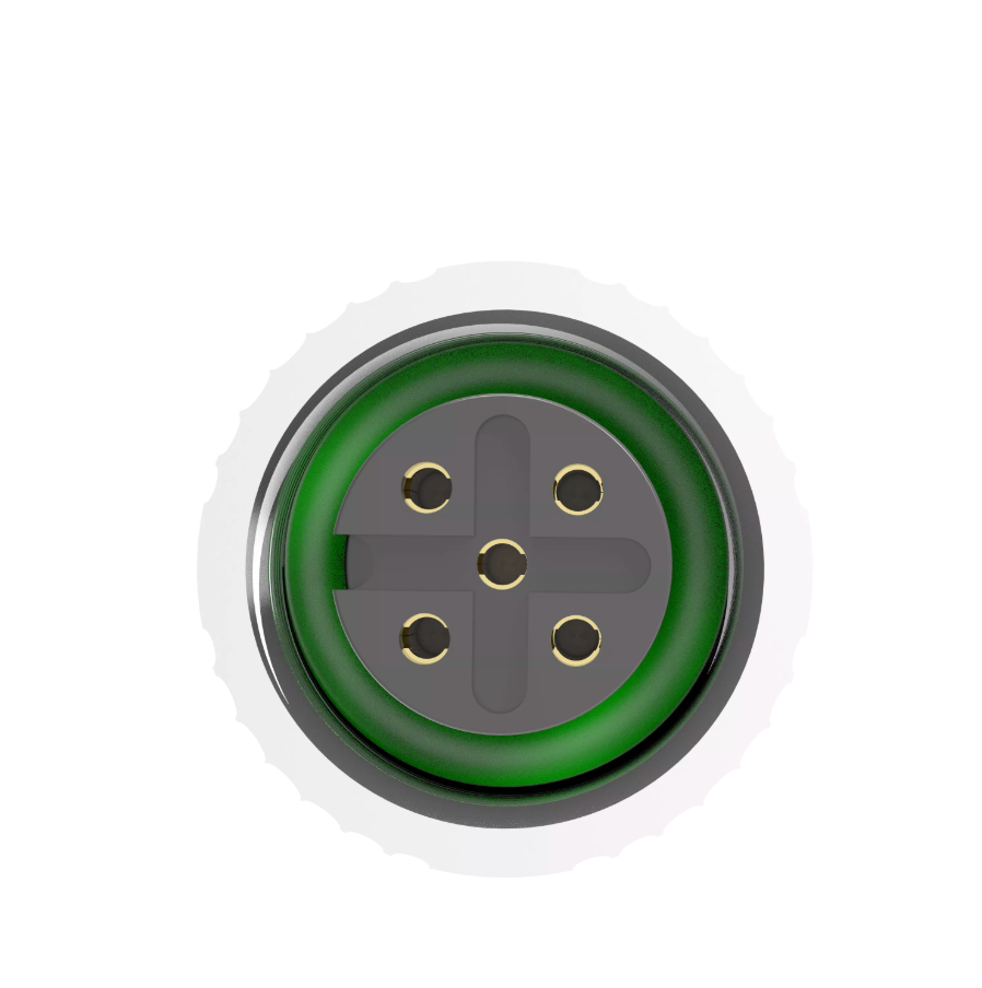 Electrical plug with green and gray design on a white background
