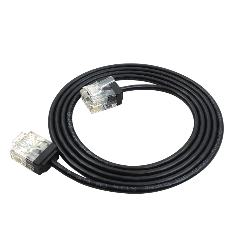Coiled black Ethernet cable with clear connectors on a white background